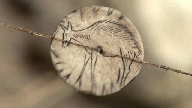 Образец доисторического таумотропа – диска с рисунками на разных сторонах, вращение которых вокруг оси, создаёт иллюзию единого изображения. Пещера Ласко. Франция.